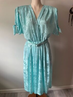 80s 90s The French Fact Floral Rose Satin Midi Dress Belted Retro Cottagecore